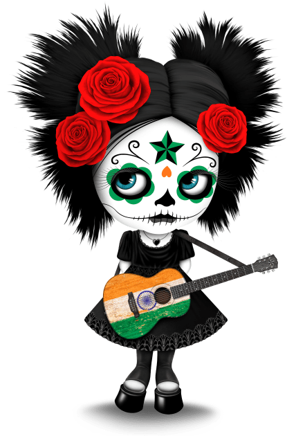 Sugar Skull Girl Playing Indian Flag Guitar Kids T-Shirt by jeffbartels
