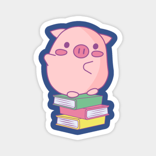 Cute Pink Piggy Sitting on Books Design Magnet