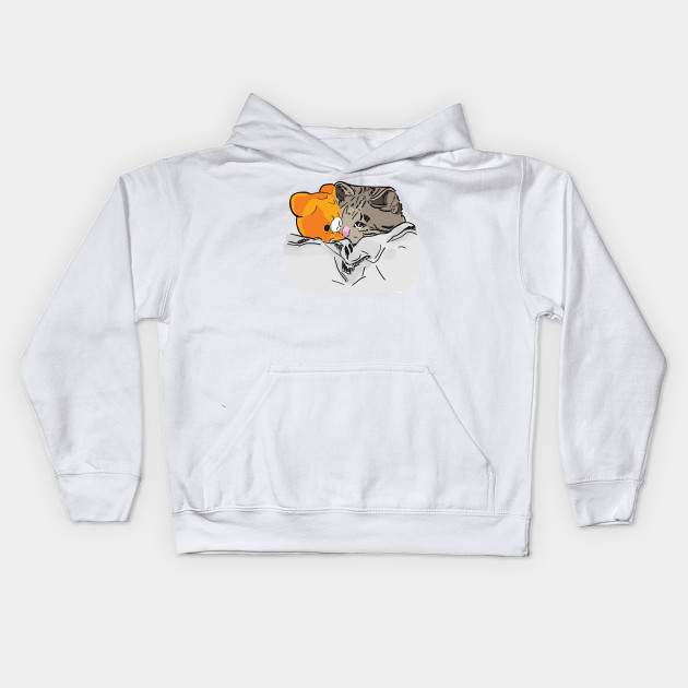 Sad Kitten Cat Crying Bed With Teddy Meme Cat Memes Sweat Shirt A Capuche Enfants Teepublic Fr