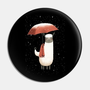 Llama standing in the rain with his red umbrella Pin