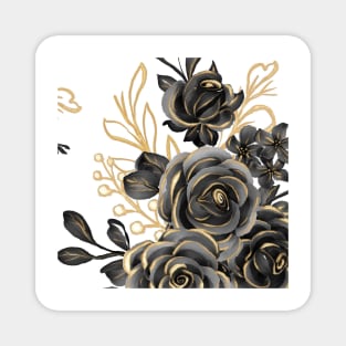 Floral Rose Art Golden Black Magnet