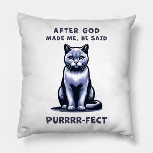 Grey cat funny graphic t-shirt of cat saying "After God made me, he said Purrrr-fect." Pillow