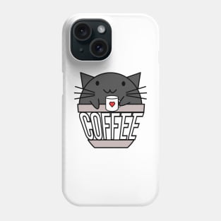 Happy cat in coffee cup holding a cup with warped text black Phone Case