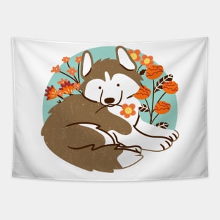 Husky and Flowers Tapestry