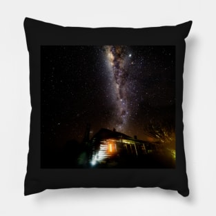 Milky Way over a log cabin Pillow