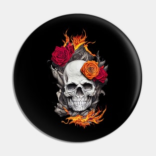 Flaming Skull and Roses Pin