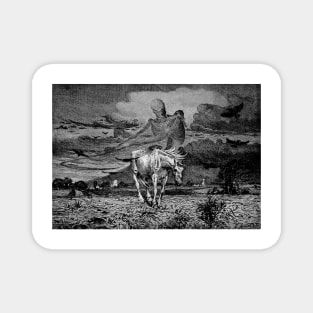 A ghost-like figure of Death appears riding on a horse holding a scythe - Soren Lünd Magnet