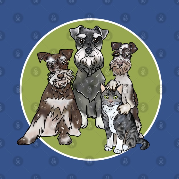 Three Miniature Schnauzers and a Cat by FivePugs