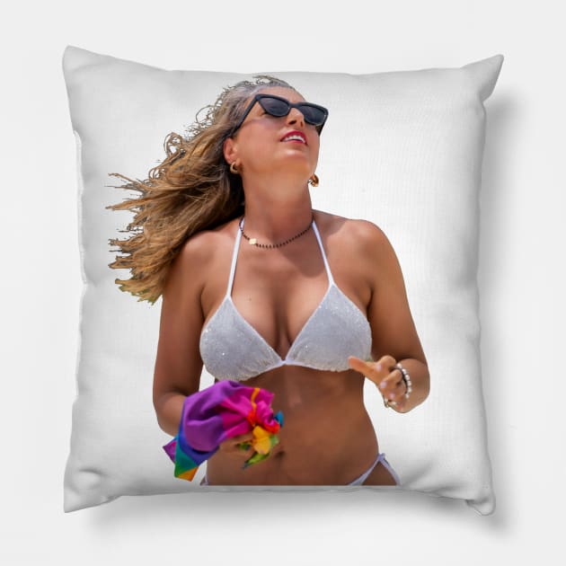 Woman Wearing a Silver Bikini and Sunglasses Pillow by FotoStoriesArt