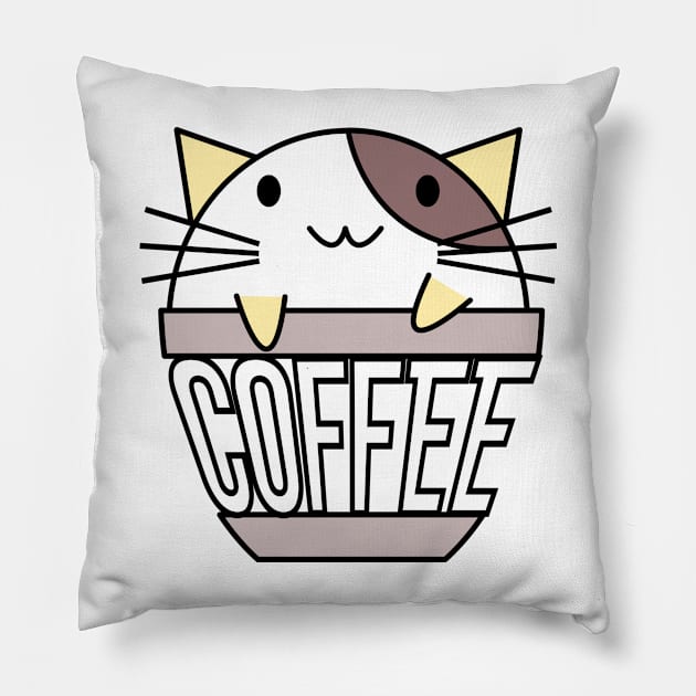 Happy cat in coffee cup with warped text yellow and brown Pillow by coffeewithkitty