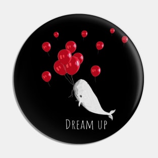 Whale with geometric striped pattern and red balloons Pin