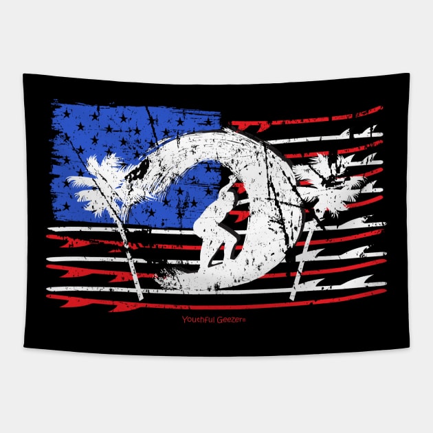 Surfing American Flag Surfboard Design Tapestry by YouthfulGeezer