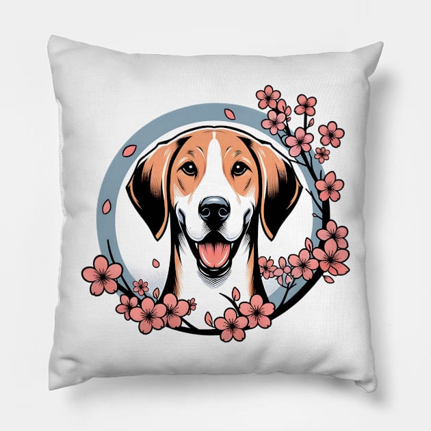American Foxhound Enjoys Spring with Cherry Blossoms Pillow by ArtRUs