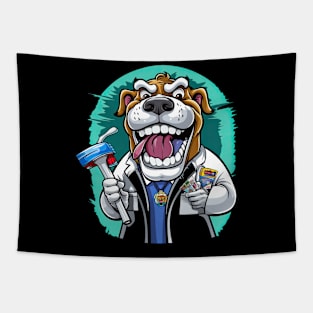 an English Bulldog wearing a dentist's coat and holding a giant toothbrush Tapestry