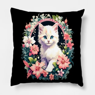 Beautiful white ktiten surrounded by spring flowers Pillow