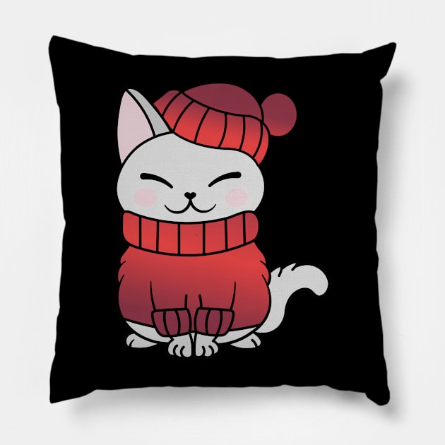 Cute Cozy Colorful Snow Winter Cat Kitty Pillow by Cute Cat Designs