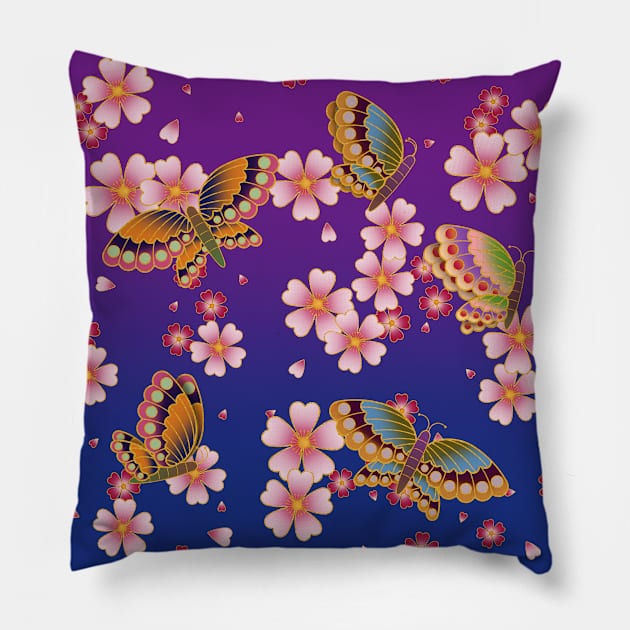 Japanese Butterflies Amid Sakura Blossoms (Blue & Purple) Pillow by Mozartini