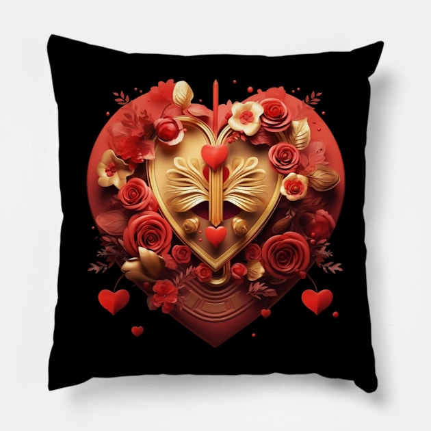 Valentine Golden Heart couple Love with flowers Pillow by earngave