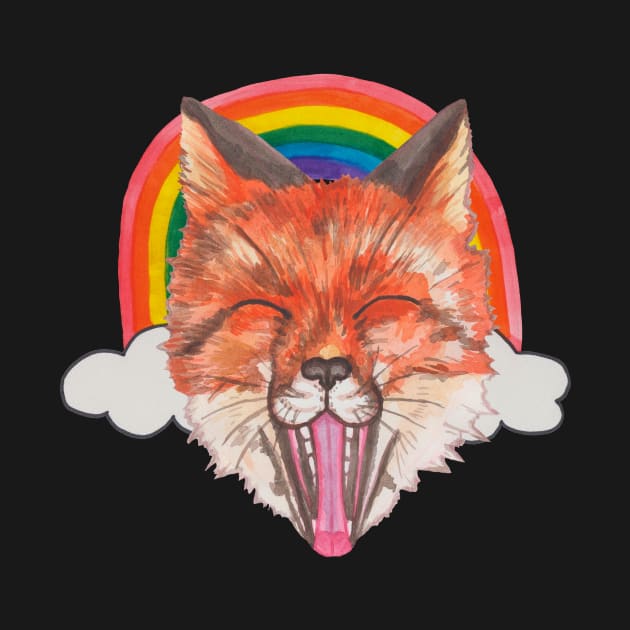 Fox face with rainbow and clouds by deadblackpony