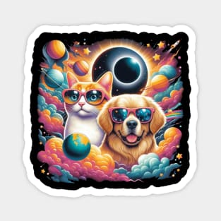 colorful cat and dog with solar 2024 eclipse wearing Glasses Magnet