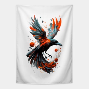 In the Crimson Skies: Unique Print Featuring a Flying Red-Painted Crow Tapestry
