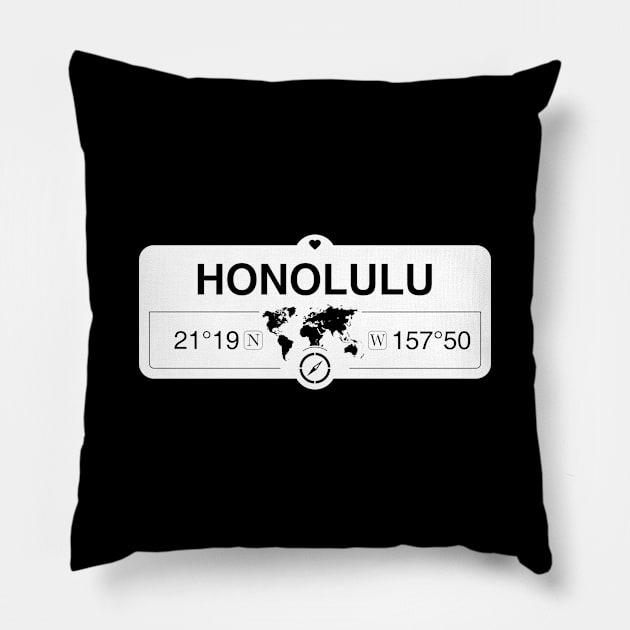 Honolulu Hawaii Map GPS Coordinates Artwork with Compass Pillow by MapYourWorld