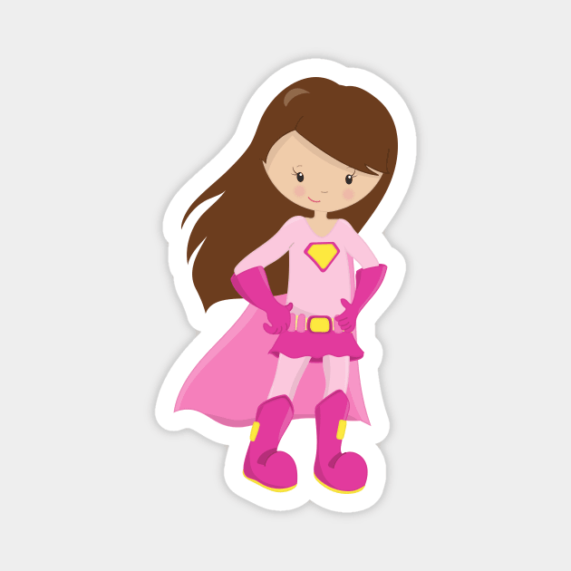 Superhero Girl, Brown Hair, Cute Girl, Pink Cape Magnet by Jelena Dunčević