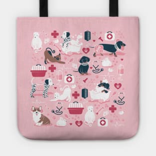 Veterinary medicine, happy and healthy friends // pastel pink background red details navy blue white and brown cats dogs and other animals Tote