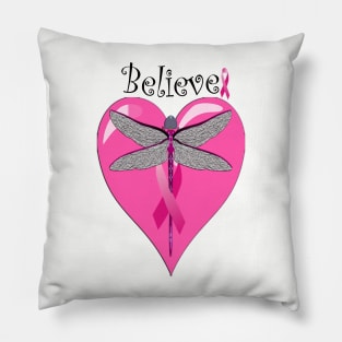 Believe Breast Cancer Awareness Go Pink for October, Dragonfly Faith & Fight Shirt, Mugs, Bedding, Pillows, Clocks, Get Well Card & Gifts Pillow