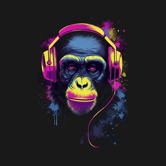 Chimpanzee with Headphones Wearing Police Sunglasses - Cool Synthwave Design by Abili-Tees