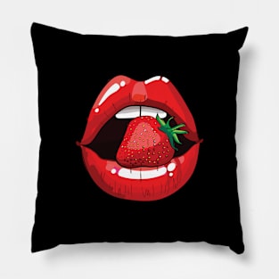 Sexy Woman Lips with Lip Gloss and Strawberry Pillow