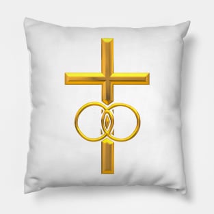 Golden 3-D look Cross with Wedding Rings Pillow