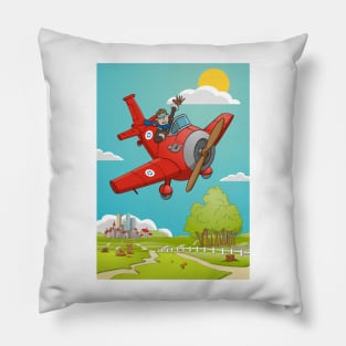 The waving pilot in his red airplane with landscape and background Pillow