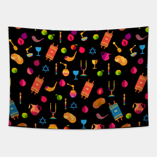 Happy Rosh Hashanah - Shana Tova! Autumn New Year Jewish Holiday Paty Gifts and Decoration. Honey and Apple, Pomegranate, Shofar, Star of David, torah, tropical palm tree leaves traditional symbols vintage pattern Tapestry