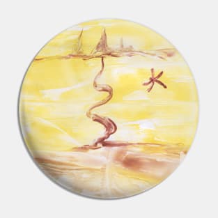 Landscape in yellow tones. Encaustic, art decoration, sketch. Pin