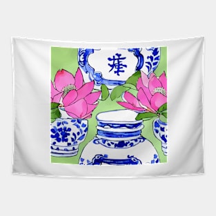 Lotus and chinoiserie jars on lime green Tapestry