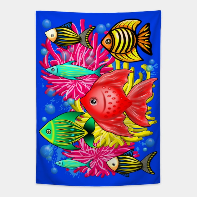 Fish Cute Colorful Doodles Tapestry by BluedarkArt