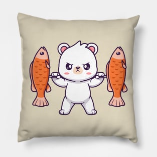 Cute Polar Bear Lifting Fish Barbell Cartoon Pillow