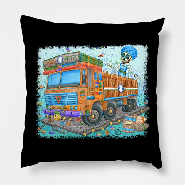 Indian Trucker Skeleton - Dia De Los Muertos - Colorful Indian Truck Paint Pillow by Scriptnbones