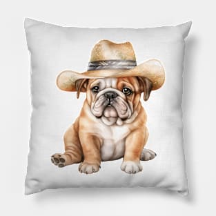 Watercolor Bulldog in Straw Hat Pillow