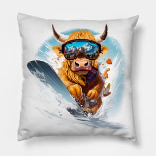 Winter sports, Highland Cow Snowboarding Pillow