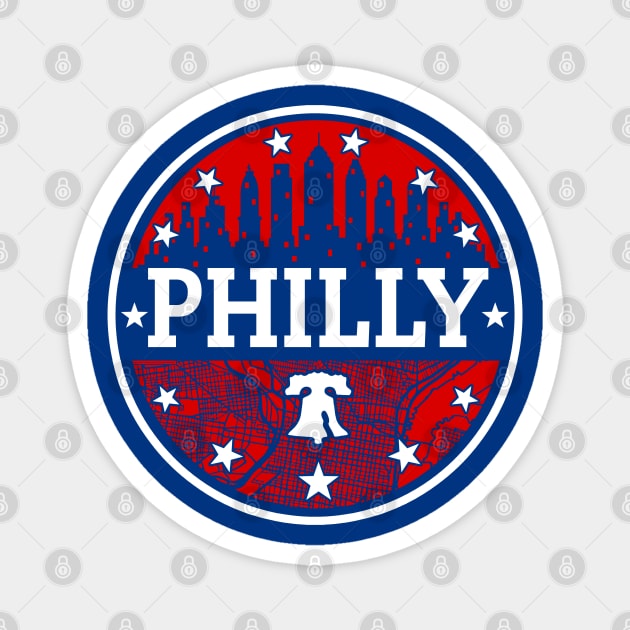 Red White and Blue Philly Fan Philadelphia Skyline Liberty Bell Map Art Magnet by TeeCreations