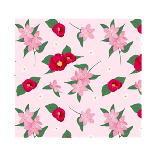 Pink and Red Flowers on Pink Background T-Shirt