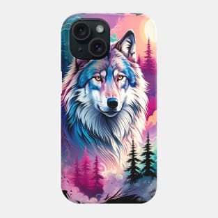 A Grey Wolf with Mountains, Floral Elements, Forests, Trees Phone Case