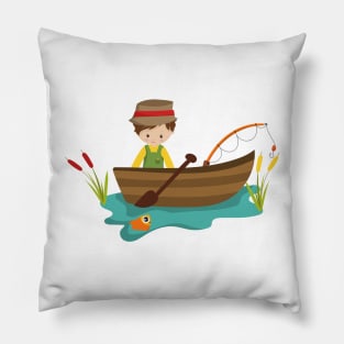 Fishing Boy, Fishing Rod, Fisherman, Brown Hair Pillow