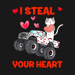 Cute Cat Holding Hearts Truck I Steal Hearts Valentines Day T-Shirt