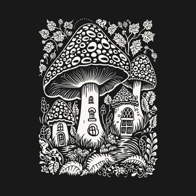 Mushroom House Village Forest Fantasy White Graphics by joannejgg