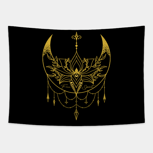 Crescent moon; moon; flowers; universe; pretty; metallic gold; lotus; spiritual; free spirit; beautiful; women; female; feminine; cosmos; wild; free; spirited; goddess; queen; women; hippie; Tapestry by Be my good time