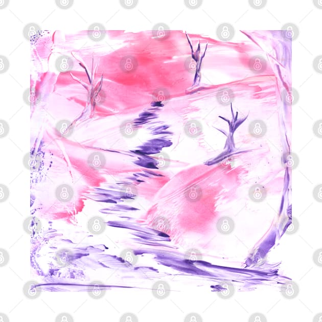 Landscape, pink, spring, nature, trees, art. Hand drawn color illustration, painting, encaustic, wax. by grafinya