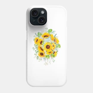 yellow sunflower blue hydrangea white orchid arrangement ink and watercolor Phone Case